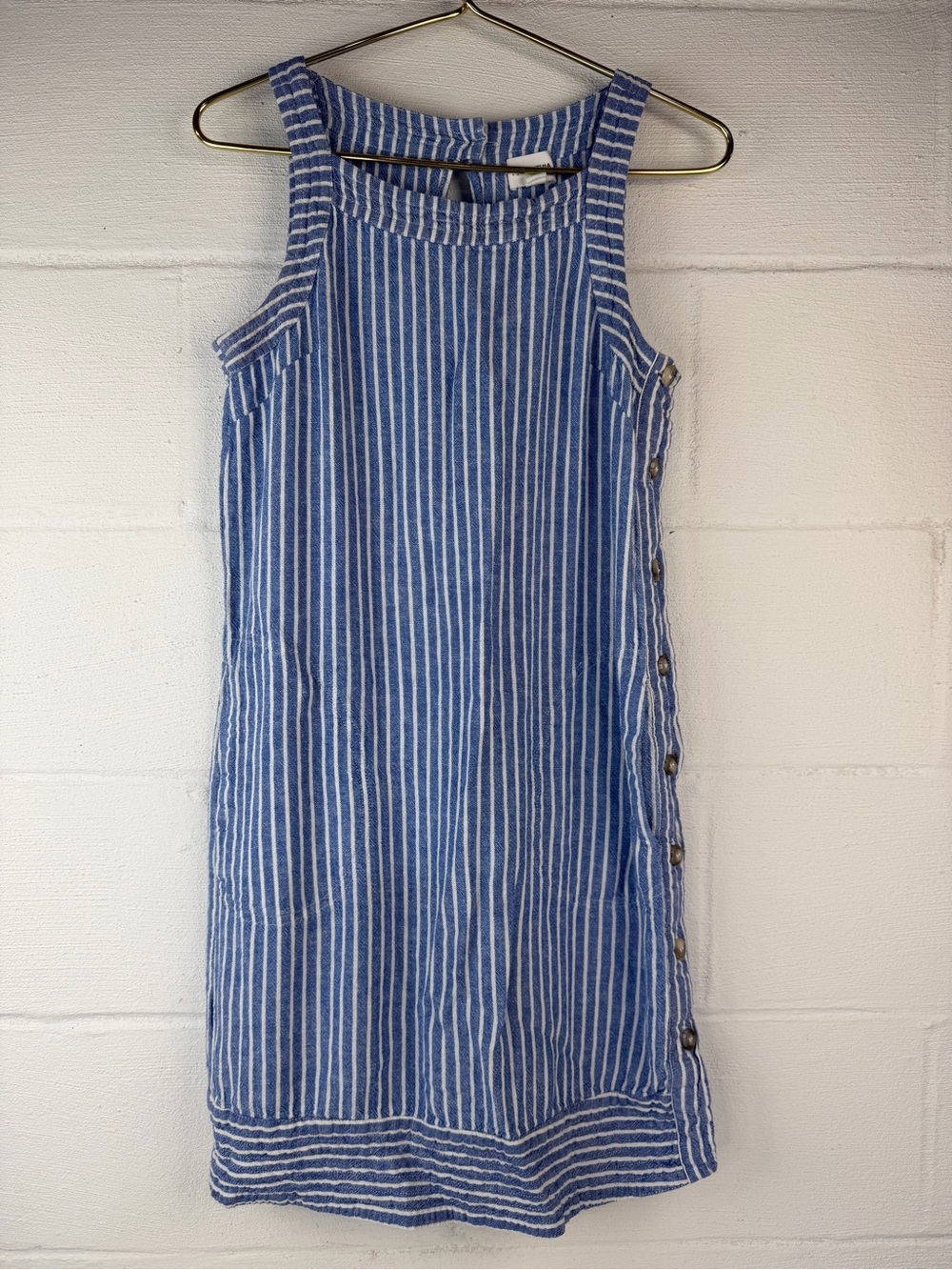 For Cynthia Linen Blend Blue Striped Side Button Sun Dress, XS